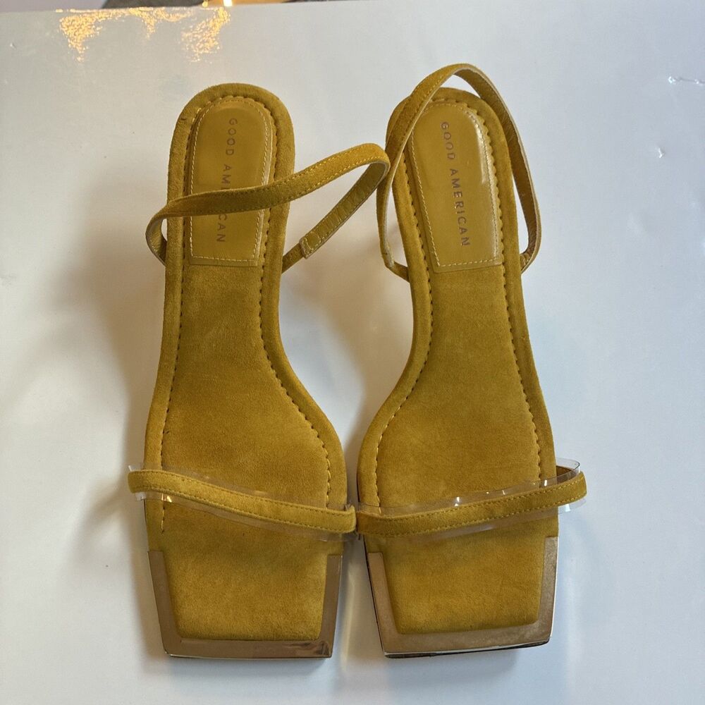 Good American Size 9 Standout Square Toe Sandal Suede Mustard Heels Runs Big